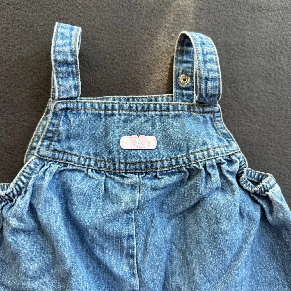 Vintage Carters Baby Girls Blue Denim Embroidered Floral Bumblebee Overalls 9M